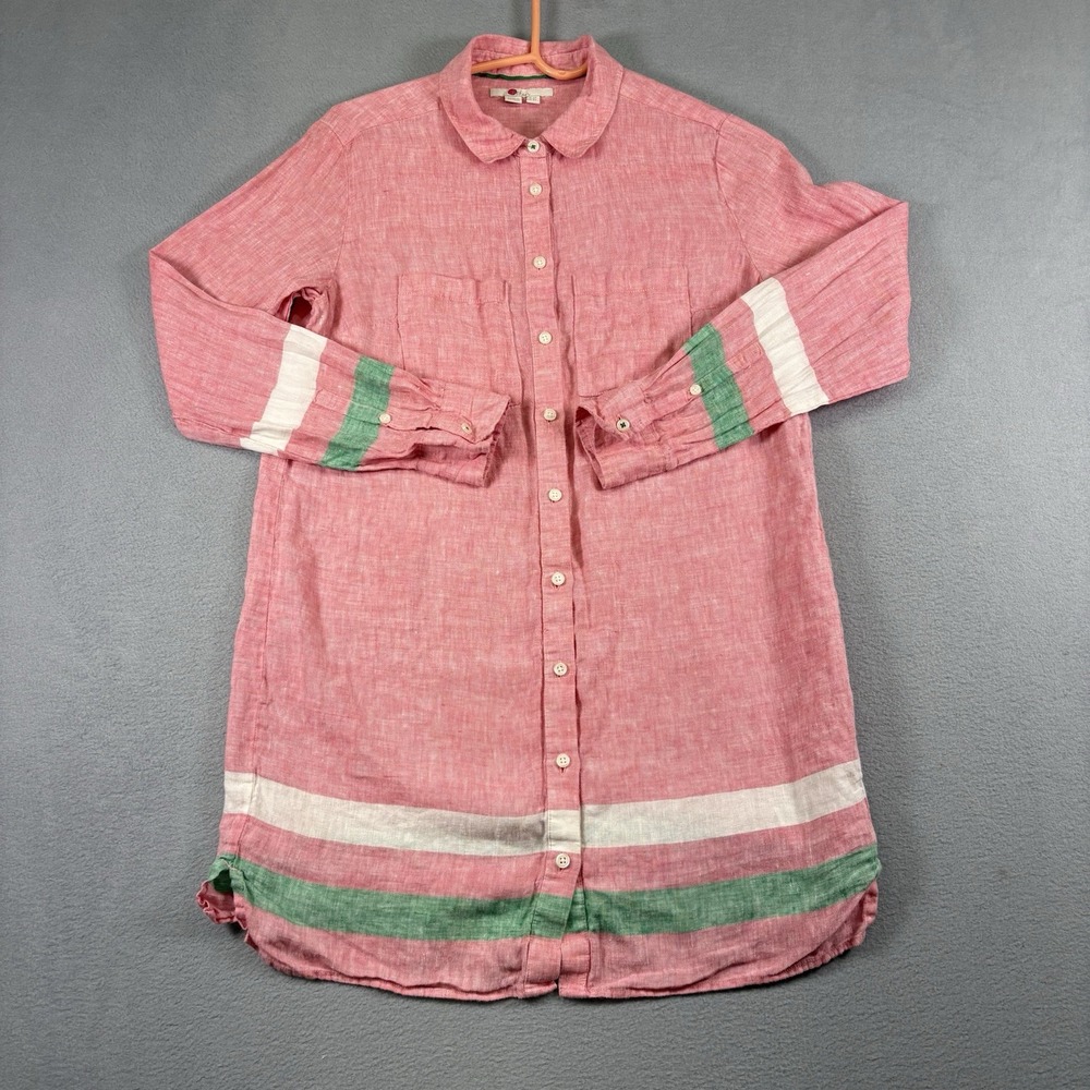Boden Womens 2P Linen Shirt Dress Pink Green Stripe Button Front Long Sleeve